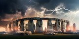 Tornado meets iconic Stonehenge in UK natures force embracing ancient marvel. Concept Natural Disasters, Iconic Landmarks, UK, Stonehenge, Tornado
