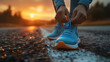 Close-up of a woman's hands tying running shoes, ready for a jog at dawn, emphasize determination and preparation.