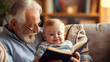 Elderly man grandpa reading to  toddler, both smiling representing family, bonding, generations, and storytelling.