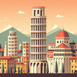 Leaning tower of Pisa, Italy. Flat and minimalist skyline vector illustration design of the tower. Italy's most famous landmark. Beautiful landscape design.