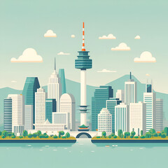 Seoul, South Korea. Flat vector skyline illustration of its capital. Beautiful urban cityscape with skyscrapers.