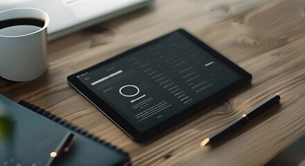 Wall Mural - Close up of digital tablet with smart phone and coffee cup on wooden table