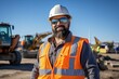 Civil engineer wearing protective glasses and smiling at camera at construction site on sunny day while heavy machinery works. Man