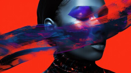 Wall Mural - Edgy and modern layout of high end fashion shoot in combination with elements of modern graphic design. Graphic strokes of paint on the model's face. Bright neon colors