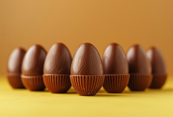 Sticker - Row of chocolate Easter eggs in brown cupcake liners on a golden-yellow surface, focused on the center with a blurred background.