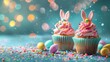 decorated cupcakes with pink icing, colorful sprinkles, and bunny ear decorations. Easter cupcakes 