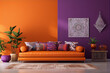 contrasting colors living room orange sofa purple wall