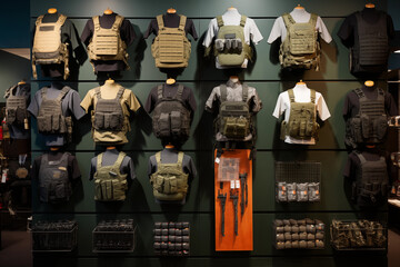 Display featuring tactical vests and helmets. Generative AI