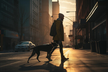 Man and dog walking on empty city street at sunrise. Generative AI