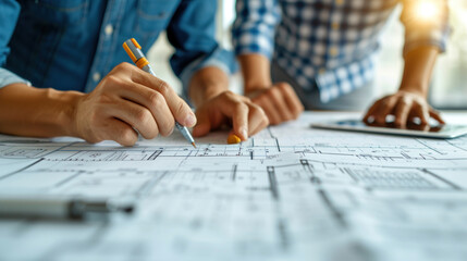 Wall Mural - Architecture Design. construction worker team planning building plan with blueprint and construction tool on conference table at construction site, contractor, business, industry, construction concept