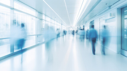 Health Check. abstract motion blur image of people crowd walking at hospital office building in city downtown, blurred background, business center, health care, medical technology concept