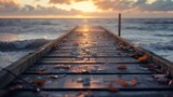 Fototapeta  - As the sun sets over the horizon, a peaceful wooden dock extends into the glistening ocean, its boardwalk inviting us to take a stroll and soak in the serene seascape