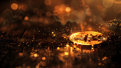 an image showing a gold coin in dark technology backg