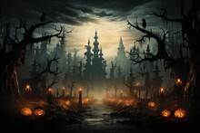 A Spooky Forest At Dusk With Pumpkins, A Castle And Cloudy Sky In The Background