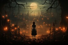 A Woman Is Standing In A Dark Forest Looking At The Moon