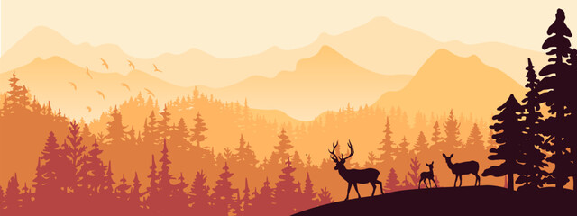 Wall Mural - Horizontal banner. Silhouette of deer, doe, fawn standing on hill, forest and mountains in background. Magical misty landscape, fog. Yellow, orange, brown illustration. Background.