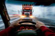 Head-on collision with semi truck, driver's view from car, motion blur, accident
