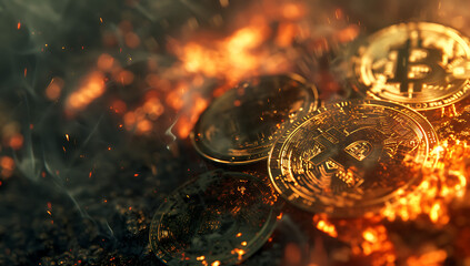 Wall Mural - bitcoin coins are being consumed by the fire on the d