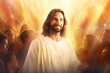 illustration of jesus christ in white clothes and loving peaceful face teaching crowd, blurry people and colorful light rays in background