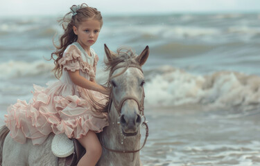 Wall Mural - little girl riding on the beach dressed in pink flutter dress on horse