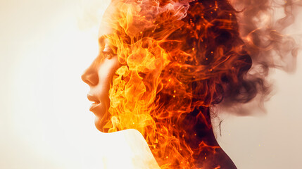 Wall Mural - Fire in the head. Double face exposure side profile of a young woman with a burning fire in her head. Burning headache. Stable white background.