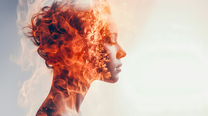 Wall Mural - Fire in the head. Double face exposure side profile of a young woman with a burning fire in her head. Burning headache. Stable white background.