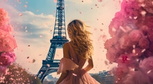 Young Blonde-haired Woman In A Pink Dress With A Pink Umbrella Admiring The Tower In Paris Located In The Background. Pink Woman In Paris.