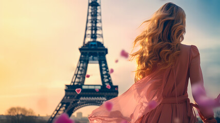  Young blonde-haired woman in a pink dress with a pink umbrella admiring the tower in Paris located in the background. Pink woman in Paris.