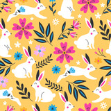 Fototapeta  - Easter holiday seamless pattern design with cute bunny and spring flowers. Childish print for wrapping paper, wallpaper, background and packaging