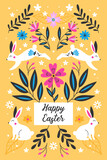 Fototapeta  - Easter holiday cute greeting card design with bunny and spring flowers. Childish print for cards, border background and packaging