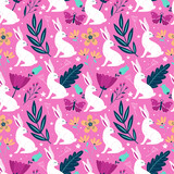 Fototapeta  - Easter holiday seamless pattern design with cute bunny and spring flowers. Childish print for wrapping paper, wallpaper, background and packaging
