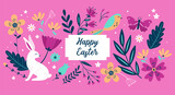 Fototapeta  - Easter holiday cute greeting card design with bunny and spring flowers. Childish print for cards, border background and packaging