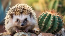 Small Cue Hedgehog Standing Near The Round Barrel Cactus Plant. 