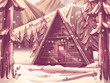 Cartoon horizontal winter landscape with wooden house
