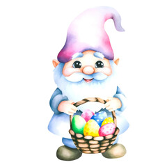 Wall Mural - A cute easter gnome clipart watercolor illustration pastel color  nursery art png 