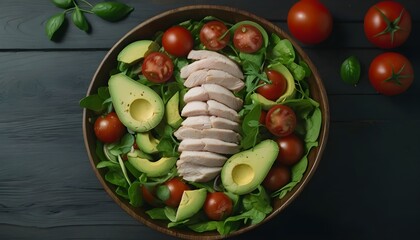 Wall Mural - Healthy salad with chicken, tomato, avocado, vegetables on a table