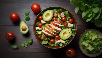 Wall Mural - Healthy salad with chicken, tomato, avocado, vegetables on a table