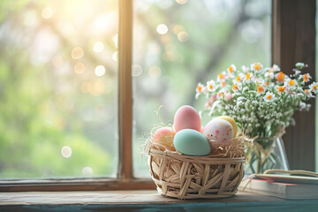 a wooden basket with easter eggs and flowers inside standing on a window sims, easter background