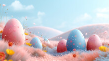 Colourful Easter Eggs On Pink Grass In A Dreamy Landscape.