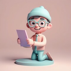 Wall Mural - 3d illustration of cute little boy in glasses and a cap with a pen. 3d illustration of cute little boy in glasses and a cap with a pen. 3d rendering of a cute boy reading a book