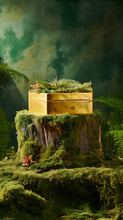 Golden Box With Red And Green Plants On A Stump In A Green Mossy Forest