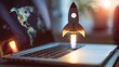© TensorSpark - Sleek, futuristic rocket blasting off from an open laptop screen, symbolizing a dynamic and powerful concept for launching a successful startup business in the tech industry.