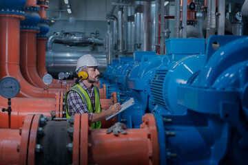 Mechanical engineer Checking of centrifugal pump in pump room. worker working in plant room. Industry engineer under checking the industry  air conditioner is water chiller plant.