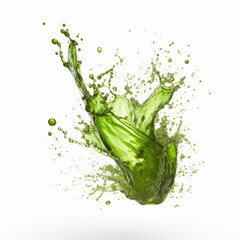 Dynamic splash of green juice with droplets highlighted on a white background, high-speed photography