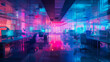 © CtrlN - modern open space office interior in a neon cyberpunk style, blurred to suggest activity and vibrancy.