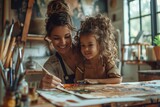Fototapeta  - A joyful mother and daughter bond over art, their beaming faces illuminated by the soft light streaming through the window onto the cozy dining room set-up