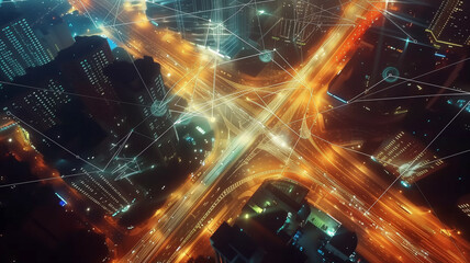 Wall Mural - connectivity in a global smart city network, where every element from traffic lights to skyscrapers is part of an intelligent ecosystem.