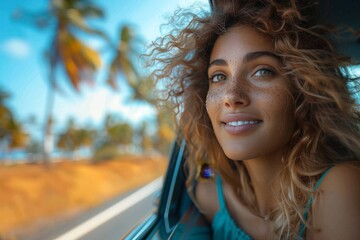 A carefree lady with surfer hair smiles brightly at the camera, her long hair blowing in the ocean breeze as she stands among the trees and sky at the beach