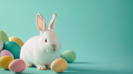 Wall Mural - a white bunny with a yellow egg