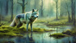 Weisser Wolf im Moor, im Sumpf, mystischer Wald